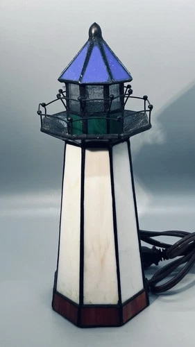 Vintage Tiffany Style Stained Glass Lighthouse Table Lamp Night Light 10" Tall