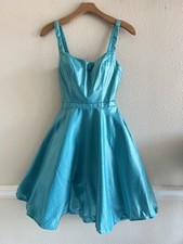 Sherri Hill Y2K Satin Mini Dress Size 0 Turquoise Open Back Fit Flare Prom HOCO