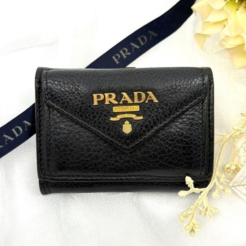 Prada Leather Trifold Wallet Black Compact Vintage Logo Used