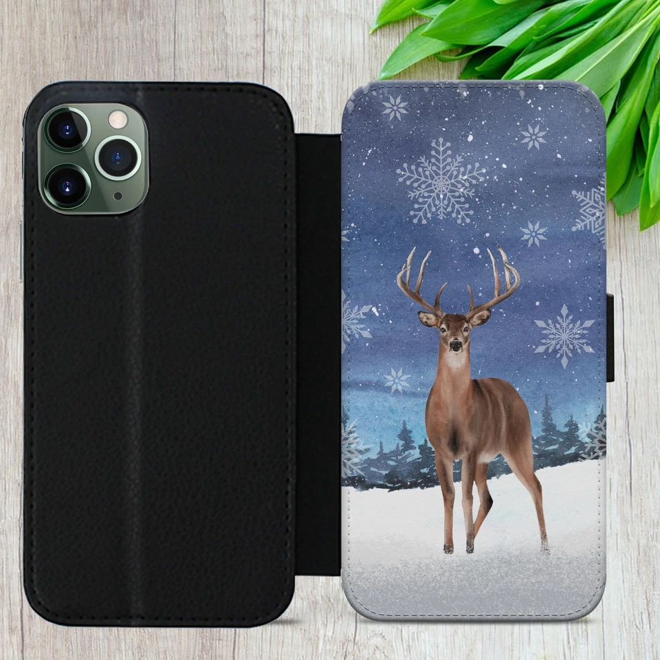 REINDEER FLIP CASE FOR IPHONE SAMSUNG GOOGLE WINTER SNOW GIFT WALLET PHONE COVER - Image 3 of 4