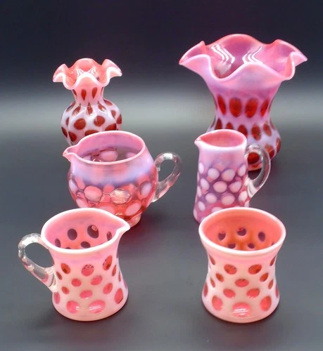 6pc Lot Fenton COIN SPOT & DOT OPTIC CRANBERRY Opalescent Vases,Creamers,Pitcher