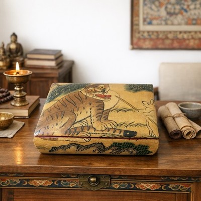 Vintage Tibetan Hand Painted Box, Tiger And Rabbit Design, 6''x4''