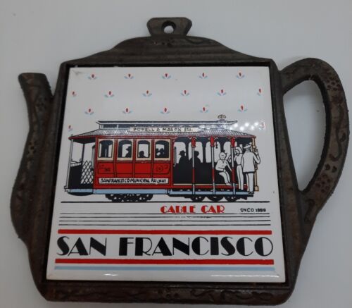 Vintage Tile Trivet San Francisco Trolley Car Ceramic Metal Souvenir Iron SNCO  - Picture 1 of 6