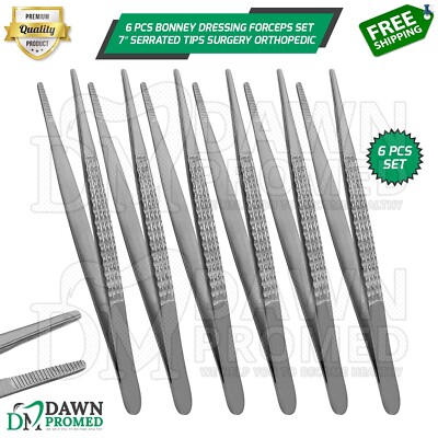 6 Pcs Bonney Dressing Forceps 7  Serrated Tips General Surgery Orthopedic Set