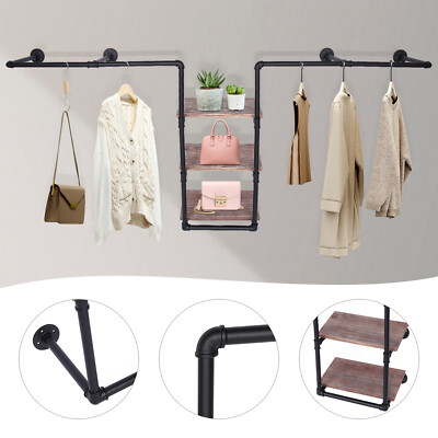 Wall Mount Clothing Rack w/ 3 Tiers Wood Shelf ，Industrial Pipe Free Standing