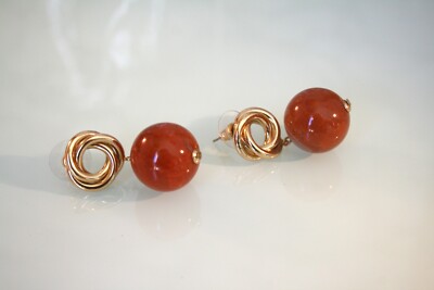 Gold tone stainless steel knots with brown agate large bead dangles earrings