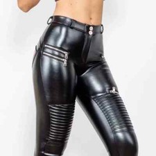 High Waist Faux Leather Moto Pants Women Punk Bodycon Stretchy Slim PU Trousers