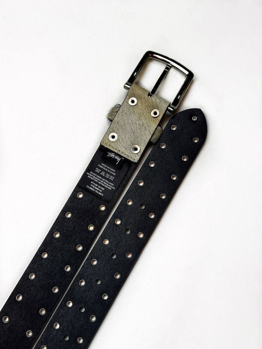 Vintage Stussy 8 Ball Studded Belt Raw Cowhide Hair Tan Vintage Stussy 8 Ball Studded Belt Raw Cowhide Hair Tan
