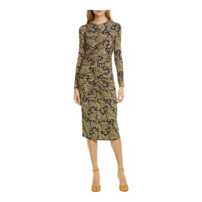 JOIE Aja Long Sleeve Golden Hour Paisley Ruched Midi Stretch Dress - Size M NWT
