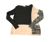 LOFT Black Gray Cream Crew Neck Block Sweater Small Rayon Wool Cotton