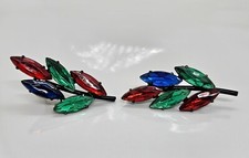 Vintage Multicolored Rhinestone Pierced Earrings Leaf Shape 2"