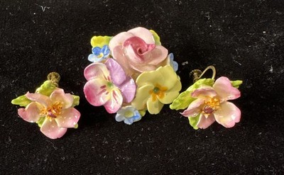 Vtg Artone Flower Brooch & Earrings Denton China Made in England