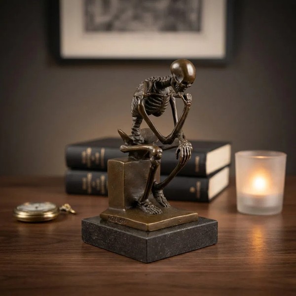 Premium Bronze Figur Skelett Denker, Braun Patiniert, Auf Steinsockel, H.15 Cm-image
