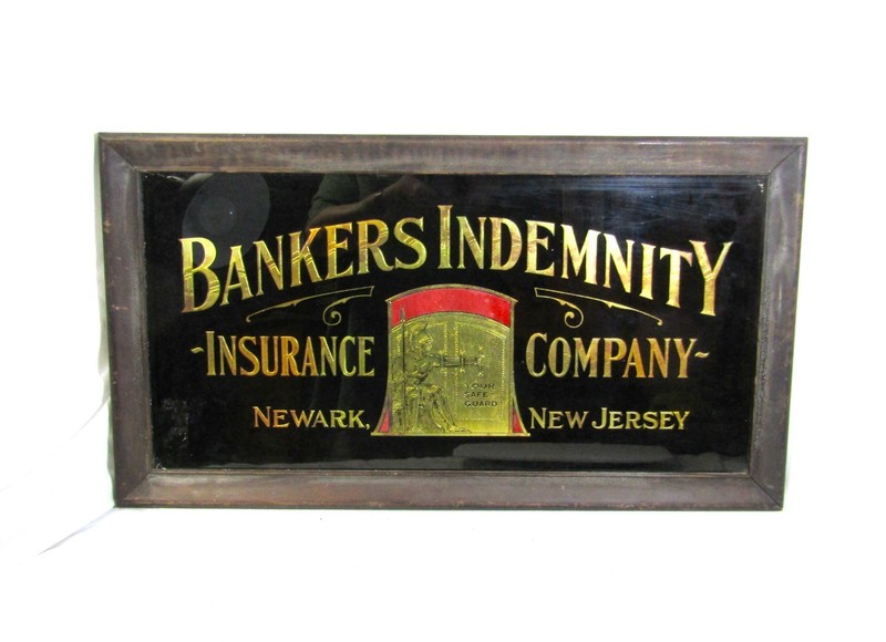 Antique Reverse Painted Glass Sign Banker’s Indemnity Insurance Co of Newark NJ 