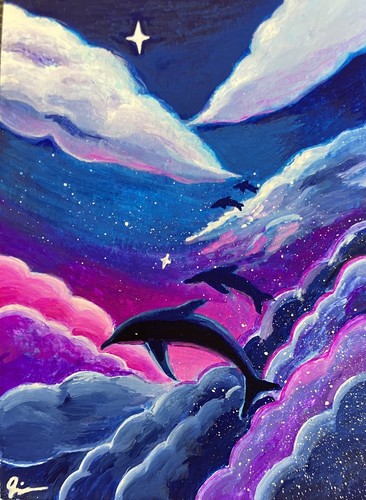 ACEO Original Hand Painted OOAK Dolphins Sky Clouds Fantasy Night