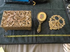 Antique Jewelry Music Box, Needlework Hand Mi...