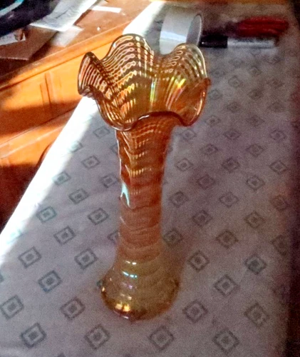 RARE Vintage 12.5" Orange Imperial Carnival Glass Ribbed Swung Tall Vase Ruffled