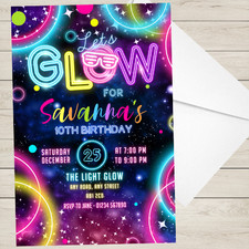Personalised Let's Glow Birthday Party Invitation A6 Girls Boys Kids Party Neon