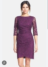 Adrianna Papell Plum Lace Dress Size 10 Side Decor Zipper W Ruching Purple Plum