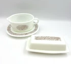 Vintage Pyrex Woodland Butter Dish with Lid and Gravy Boat with Underplate set