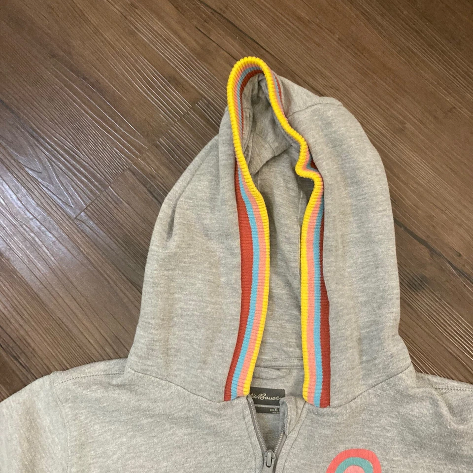 Jaqueta Eddie Bauer com capuz meninas grande rosa cinza lã zíper completo desgastada - Imagem 2 de 4