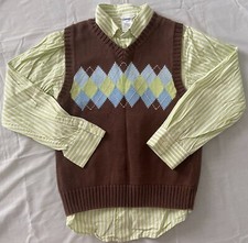 Gymboree Boys 2 Piece Argyle Sweater Vest  Striped Green Button Up Set Size 6