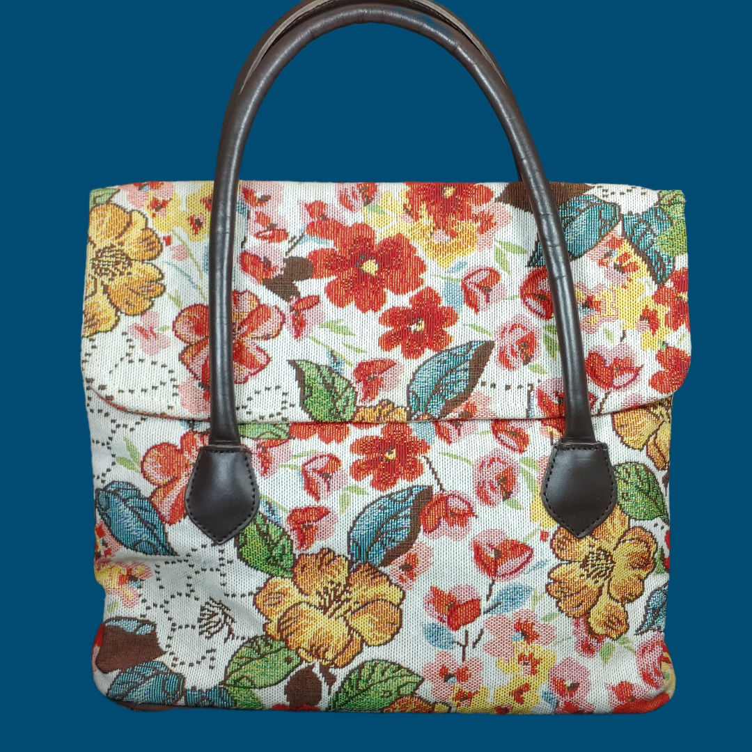 Sander Bags More Vtg Red Floral Tapestry Tote Bag/Purse Brown