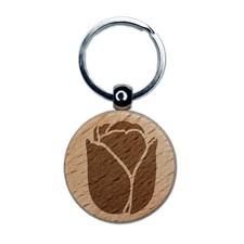 Tulip Flower Engraved Wood Round Keychain Tag Charm