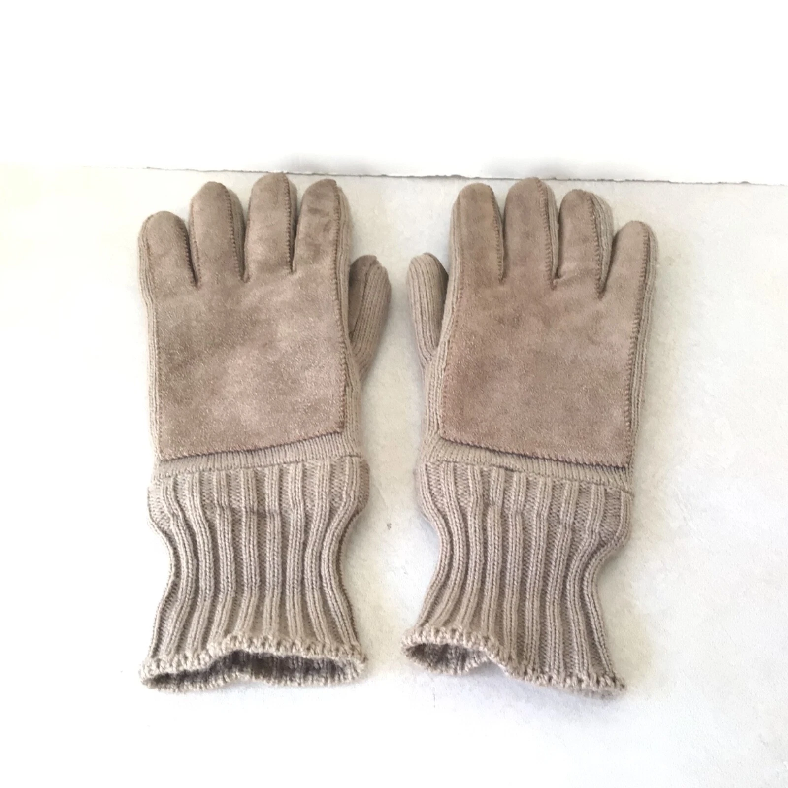 ARIS Men's Winter Gloves Vintage Knit With Suede Leather Accents In Beige