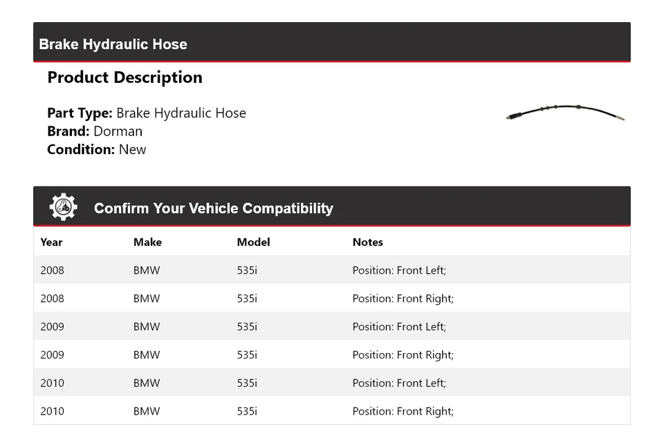 Manguera hidráulica de freno Dorman 2009 para BMW 535i 2008-2010 Foto 2 de 4