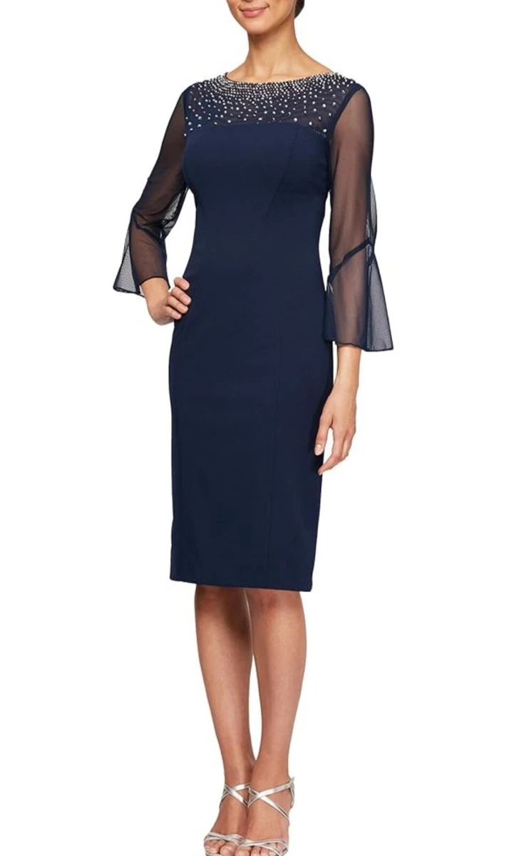 sachin and babi light blue dress Alex Evenings Floral Embroidered Cocktail Dress In Navy main image 0