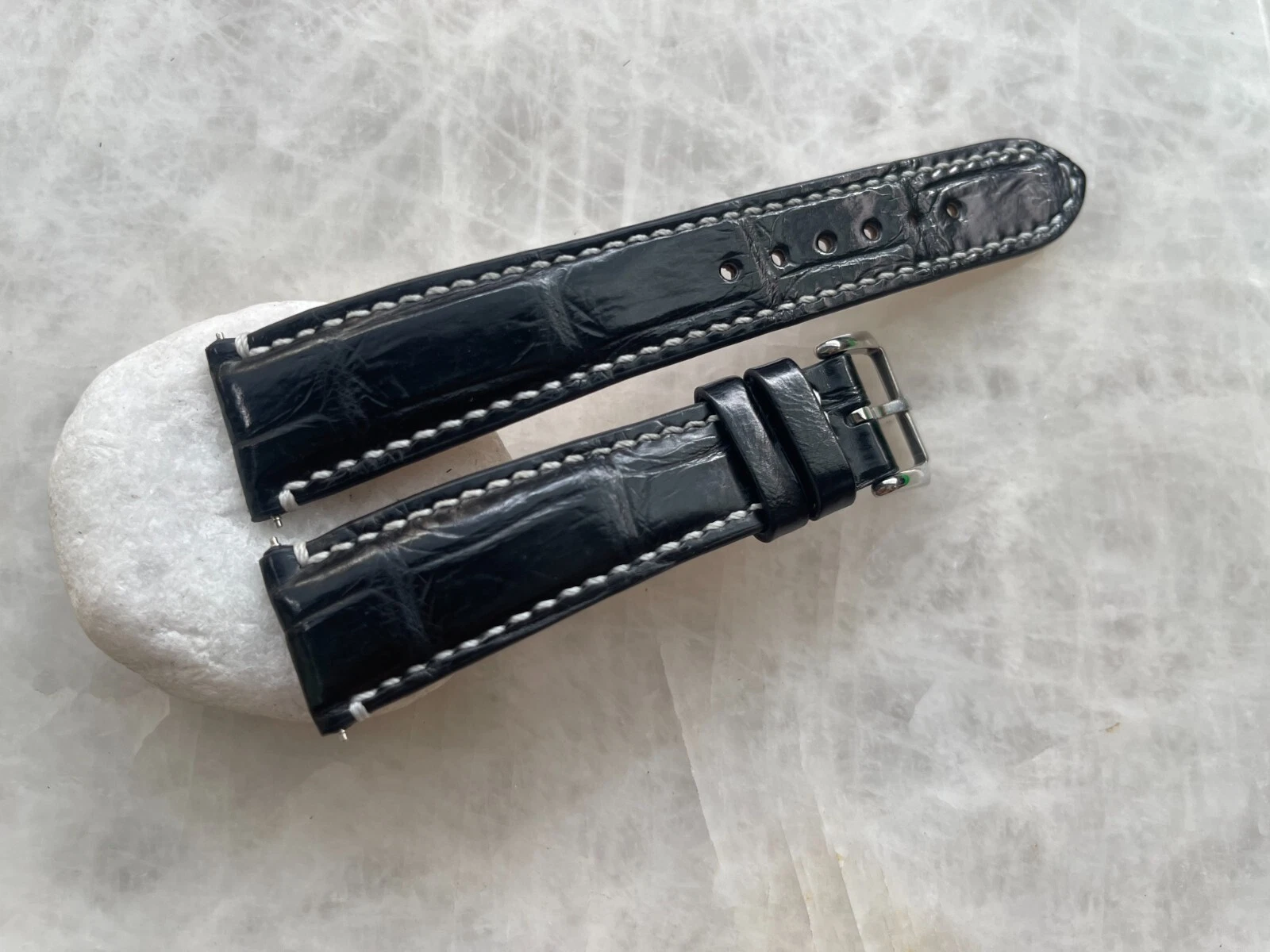 20mm/16mm Black Alligator Crocodile Embossed Leather Watch Strap Band