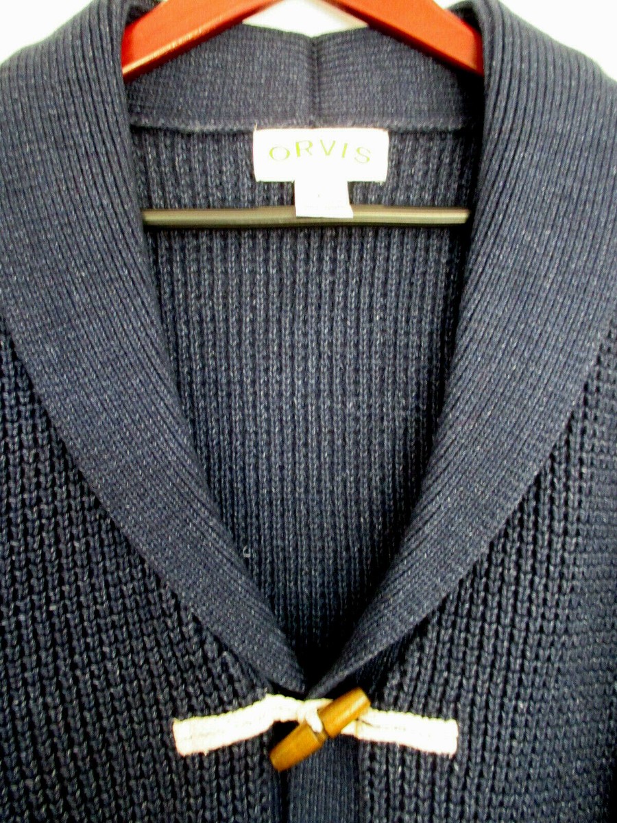 Orvis Mens Cardigan Sweater Large Navy Bulky Knit Toggle Buttons 100% Cotton