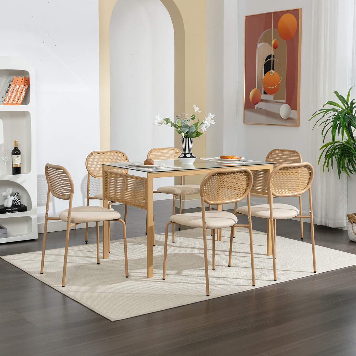 7PC Boho Dining Set,Glass Table Chair w/Rattan,Metal Leg