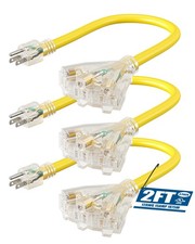 24 Inches 12/3 Gauge Indoor Tri-Tap Extension Cord Splitter, SJTW 15 Amp Yellow