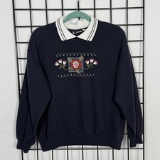 VINTAGE Bold Spirit Sweater Womens M Blue Collar Embroidered Floral Pullover