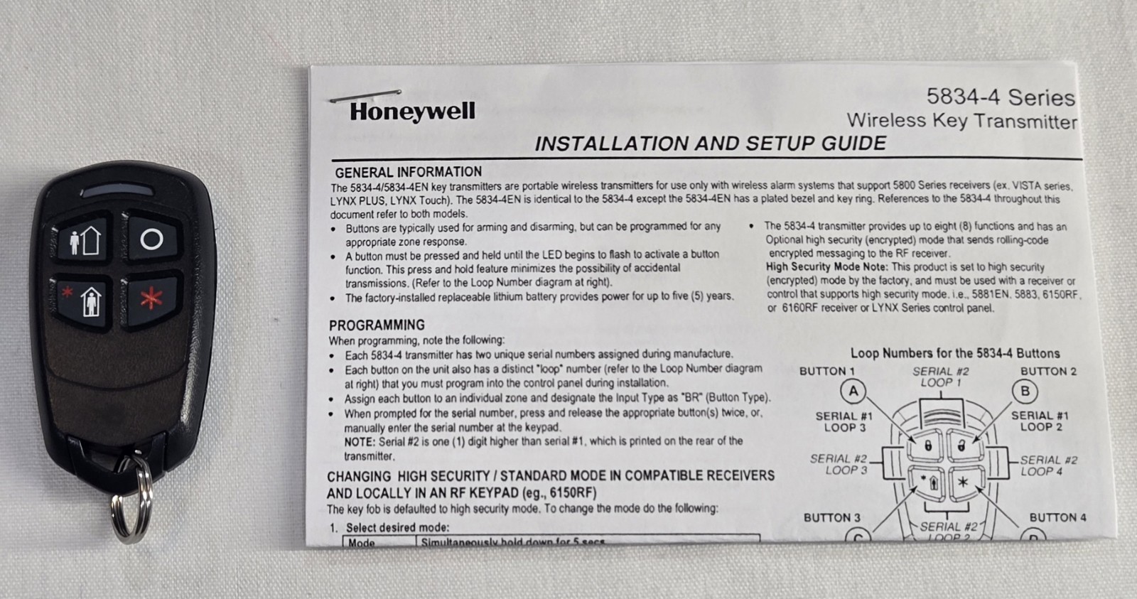 New 5834-4 - Honeywell Four-Button Wireless Key Fob Keyfob R