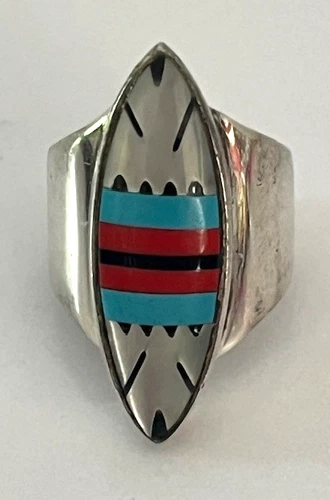 Vintage Zuni 925 Sterling Silver Turquoise Coral MOP & Onyx Ring Size 6.5