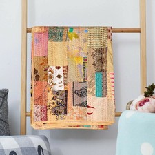 Copriletto Indiano Kantha Ajrakh Fatto A Mano - Trapunta In Cotone Ricamata Artigianalmente (220x270 Cm)