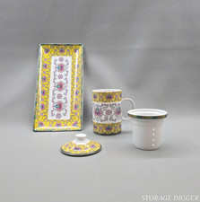 Vintage World Market Ceramic Loose Tea Infusing Mug & Tray Yellow Floral Motifs