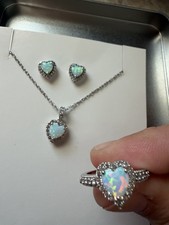Zales 925 Sterling Silver Heart White Opal Jewelry Set Ring Pendant Necklace