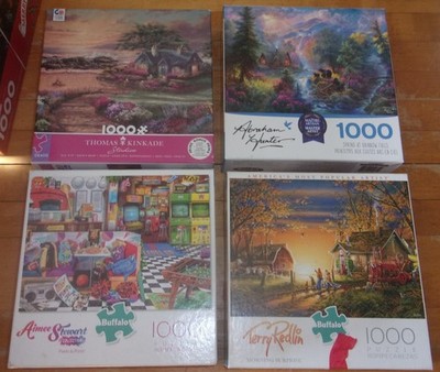 Lot of 4 Terry Redlin, Thomas Kinkade, A Stewart, Abe Hunter 1000 Pc Puzzles