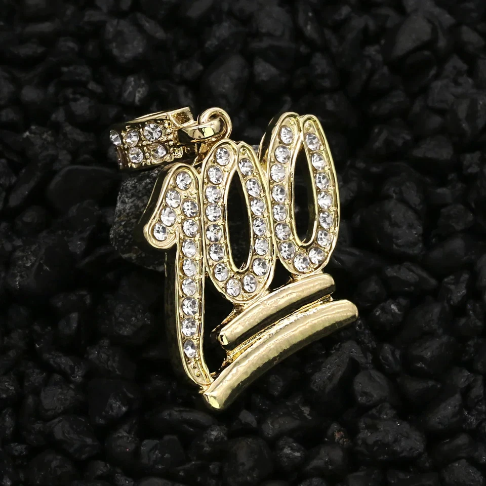 Colgante "100" tono oro 14k helado con piedras circonita + cadena de cuerda de 24" - Hip Hop Bling Foto 3 de 4