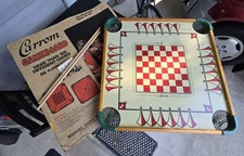 Vtg Rare 1960s Carrom Wood Game Chess Board #100 Netted Pockets w/Box & Sticks 