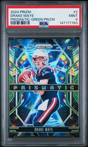 147177763 Drake Maye 2024 Panini Prizm #2 Green Prizmatic Rookie RC PSA 9