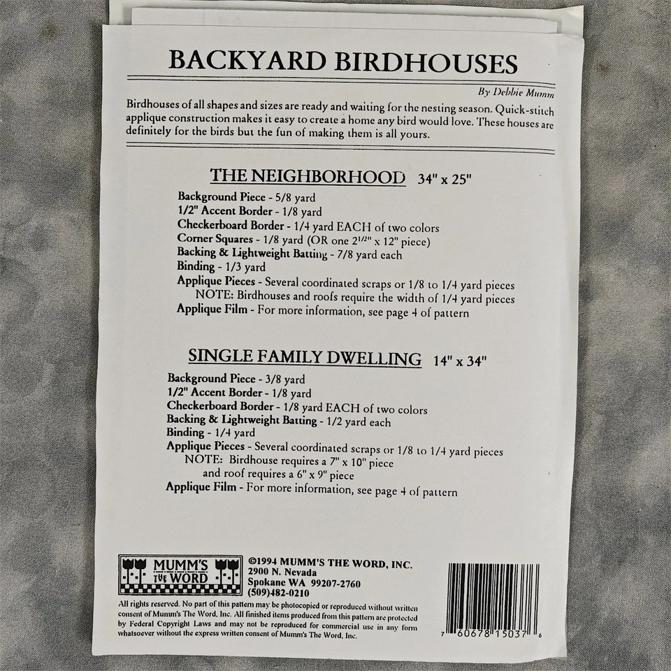 Backyard Birdhouses Quilt Pattern Debbie Mumm 1994 Mumm's The Word 34x25 14x34 - Image 3 of 3