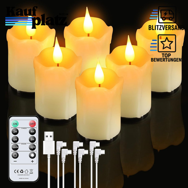LED Teelichter 6Er-Set Aufladbar Mit Fernbedienung Dimmbar Flammenlos-image