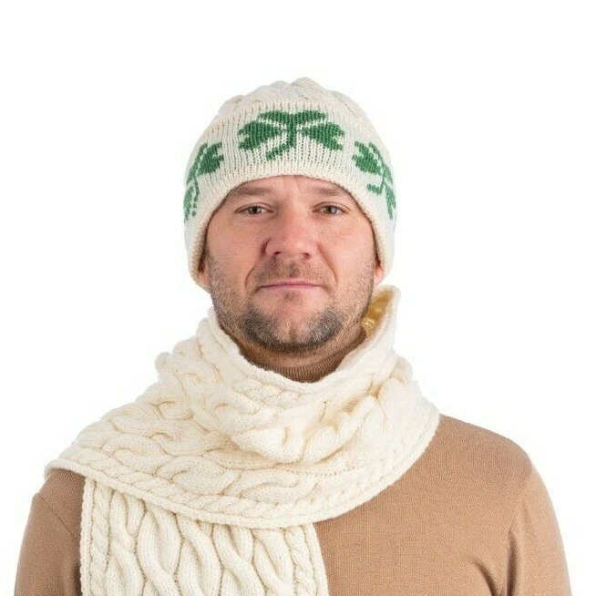 SAOL Irish Shamrock Wool Beanie Aran Cable Knit Cuffed Hat 100% Merino Wool