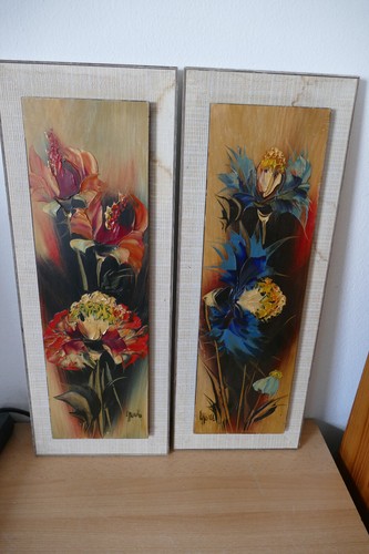 2 Wandbilder Vintage 50er 60er Jahre Acryl mit Struktur auf Holz, Blumen