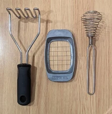 Set of 3 Kitchen Tools Oxo Potato Masher Heuck Fries Cutter & Coil Metal Beater